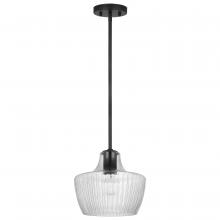  60/7706 - Destin; 1 Light Mini Pendant; Medium Base; 60 Watt; Black And Silver Accent Finish; Clear Ribbed